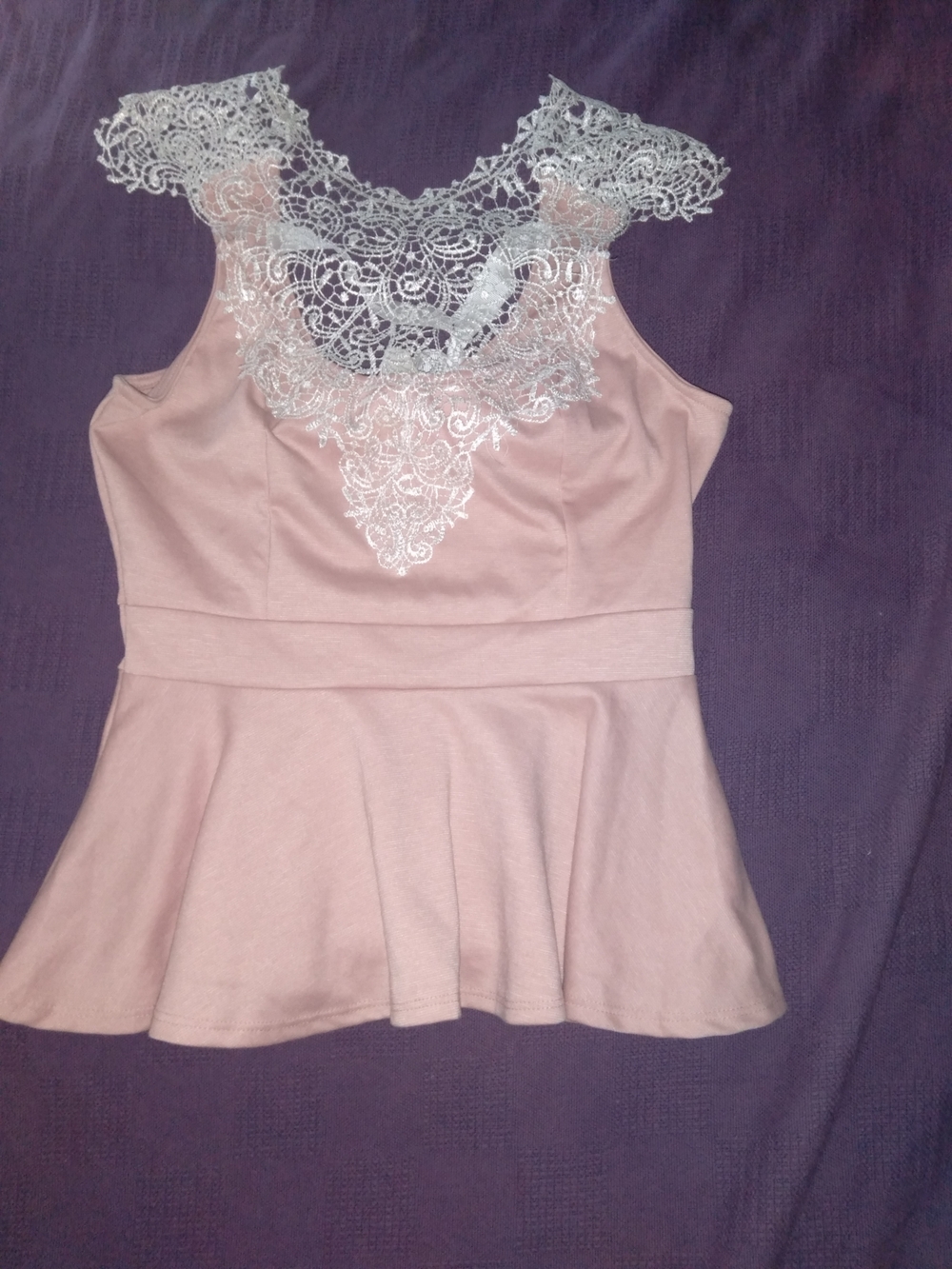 Lace Yoke Peplum Tank Top - Blush Pink